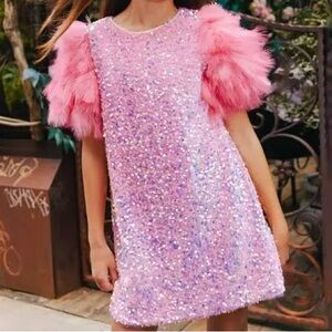 Lola + The Boys Pink Sequin Dress with Feather Accents